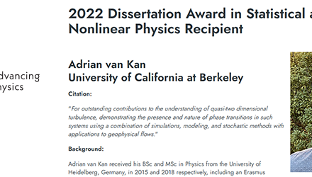 Adrian VAN KAN – 2022 Dissertation Award in Statistical and Nonlinear Physics Recipient